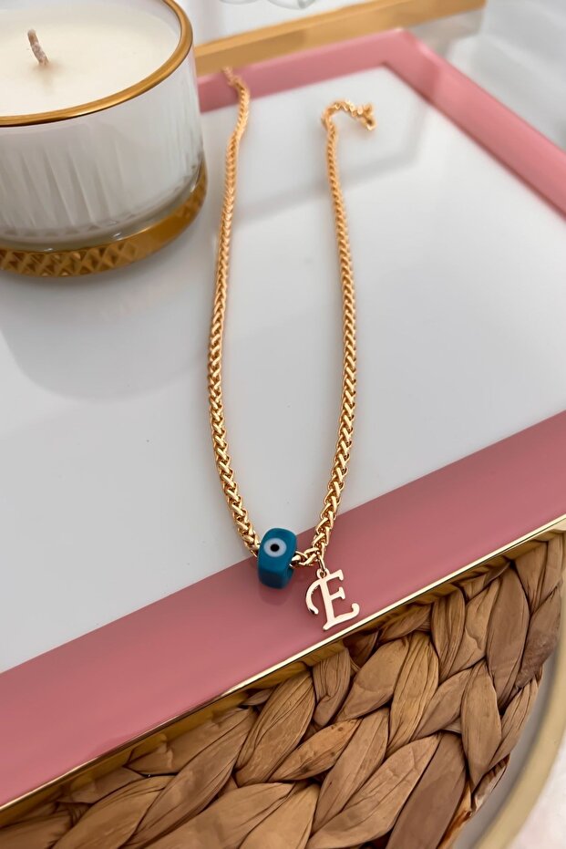 Knitted Chain Necklace with Letter E and Evil Eye Hanging