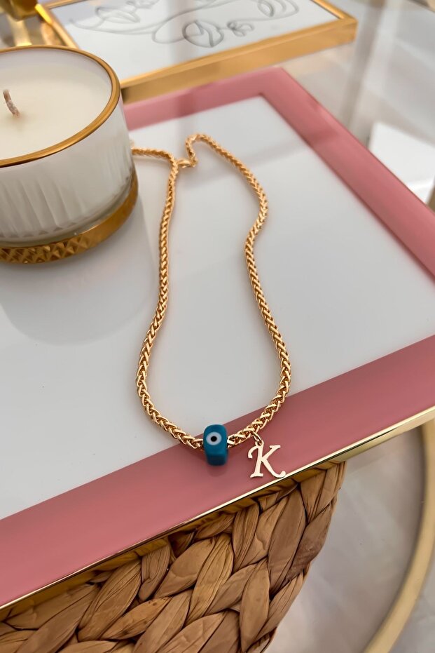 K Letter and Evil Eye Hanging Knitted Chain Necklace