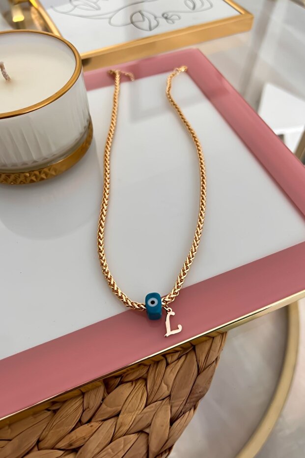 Knitted Chain Necklace with Letter L and Evil Eye Hanging