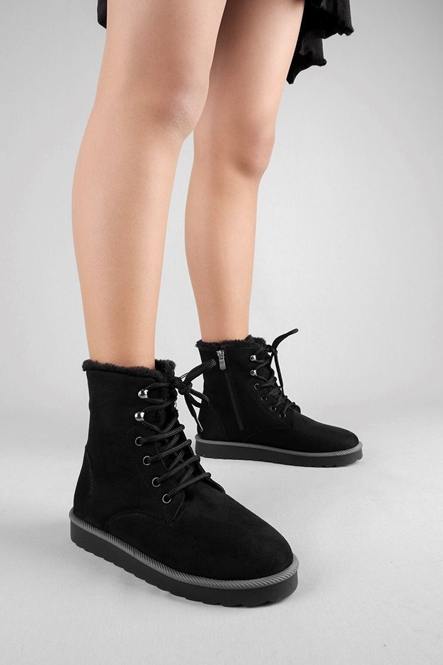 Pine Ug Women's Black Suede Round Toe Lace up Zippered Daily Boots
