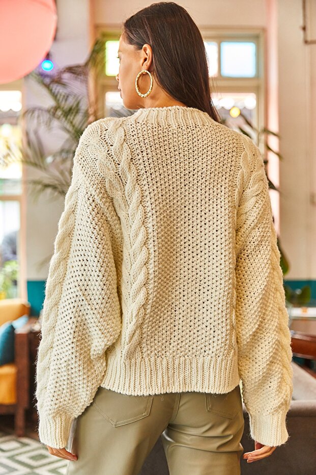 Ecrufarbener Strickpullover mit Rundhalsausschnitt und Fledermausmotiv für Damen, weich strukturiert, KZK-19000507 - 5