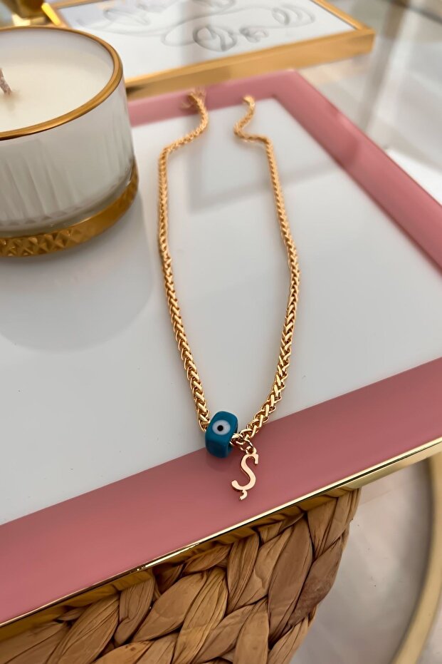 Knitted Chain Necklace with Letter S and Evil Eye Hanging