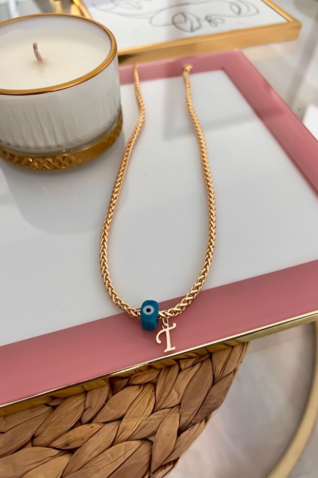 Knitted Chain Necklace with Letter t and Evil Eye Hanging