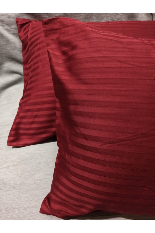 Cotton Satin Covered 2 Pack Striped Pillow Case 50X70 Cm. - Burgundy