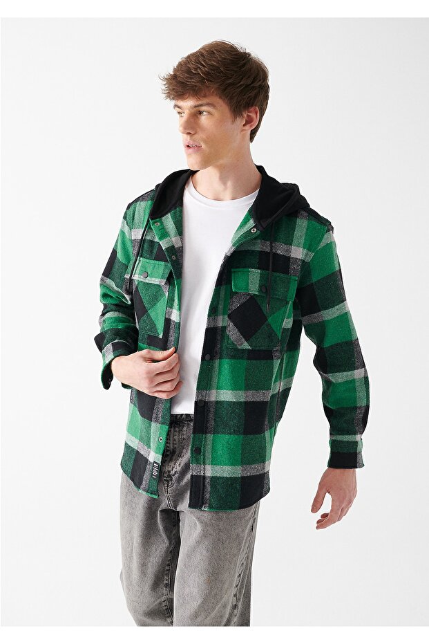 Hooded Checkered Green Shirt Loose Fit / Loosely Comfortable Cut 0210446-83122