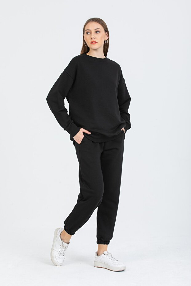 Women's Black 3 Thread Tracksuit Set - 1
