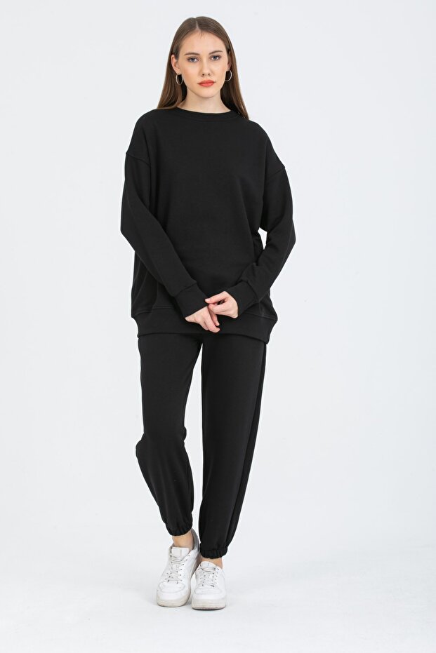 Women's Black 3 Thread Tracksuit Set - 3
