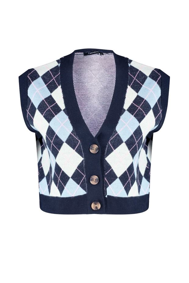 Granatowa dzianinowa kamizelka z dekoltem w serek - TWOAW22BZ0047 - 6