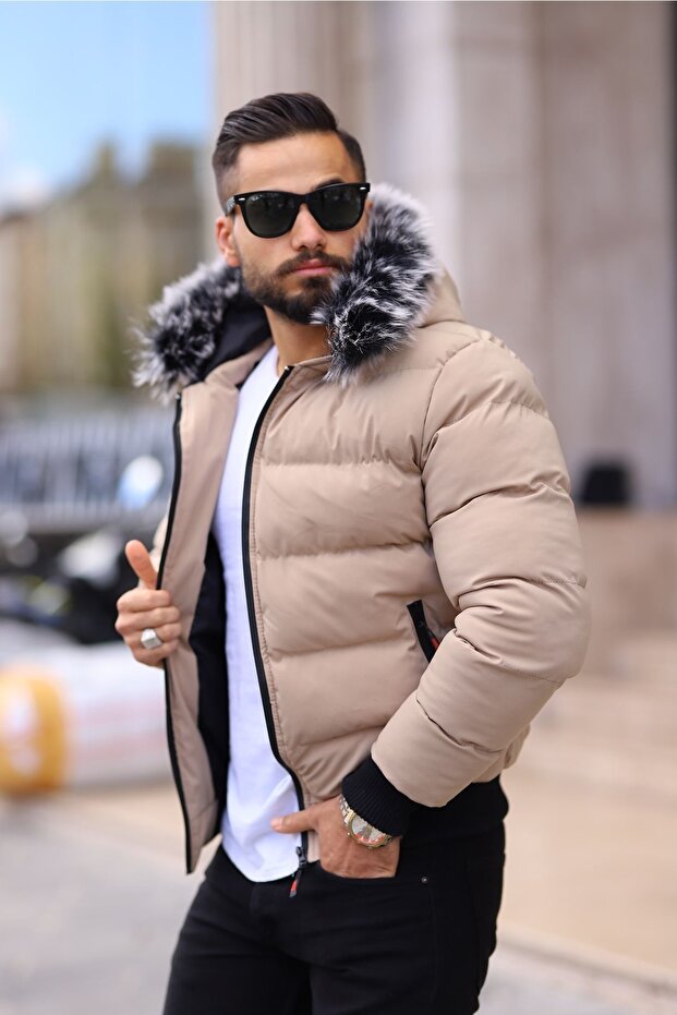 Bej Kapüşonlu Şişme Mont - 1