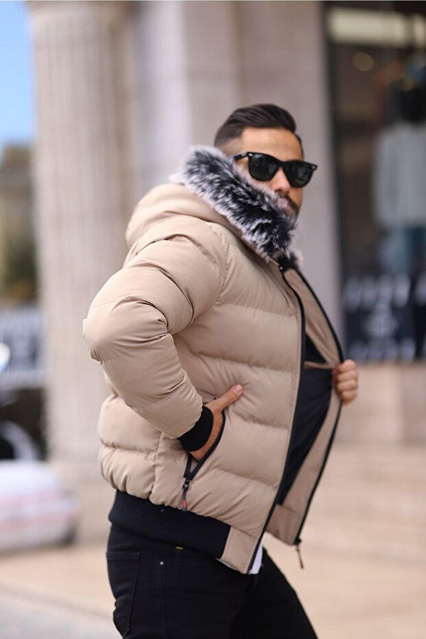 Bej Kapüşonlu Şişme Mont - 2