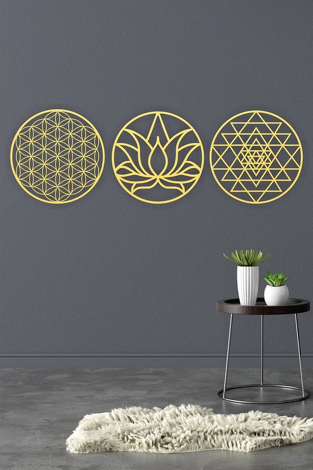 Kutsal Geometri 3'l Ü Set Sri Yantra, Lotus Çiçeği, Yaşam Çiçeği Duvar Dekoru, Tablo - 3