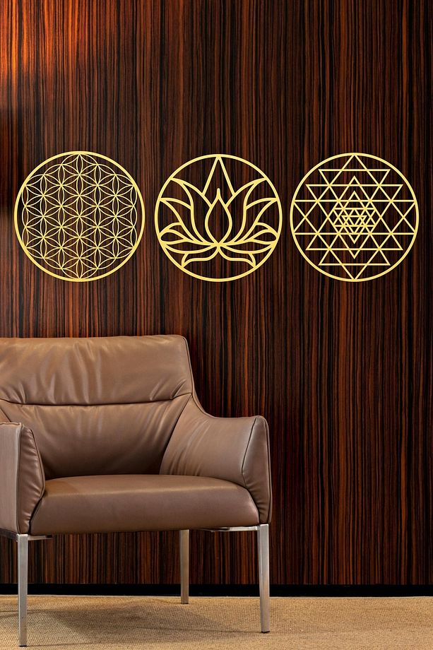 Kutsal Geometri 3'l Ü Set Sri Yantra, Lotus Çiçeği, Yaşam Çiçeği Duvar Dekoru, Tablo - 5