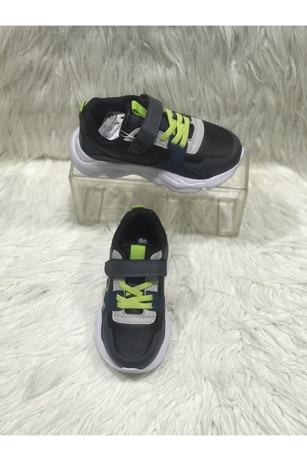 Black Skin Leather Green Laced Strapped Full Orthopedic Children's Sports Shoes