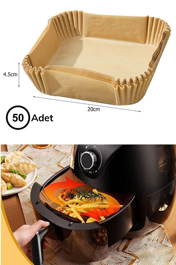 50 Adet Kutulu Air Fryer Pişirme Kağıdı Tek Kullanımlık Hava Fritöz Yağ Geçirmez Kare Tabak Model - 6