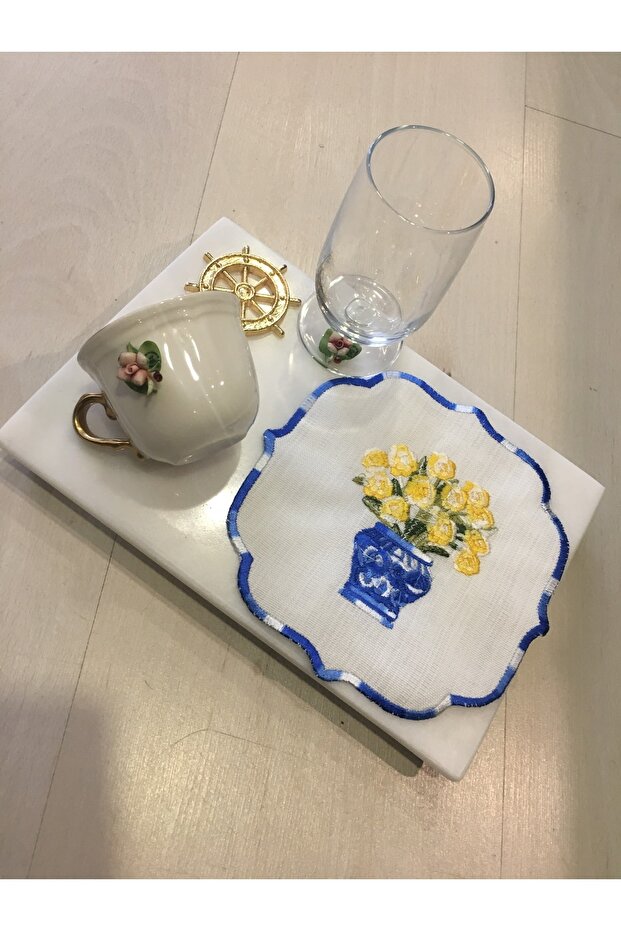 Bleu Blanc Yellow Embroidered Single Cocktail Napkin