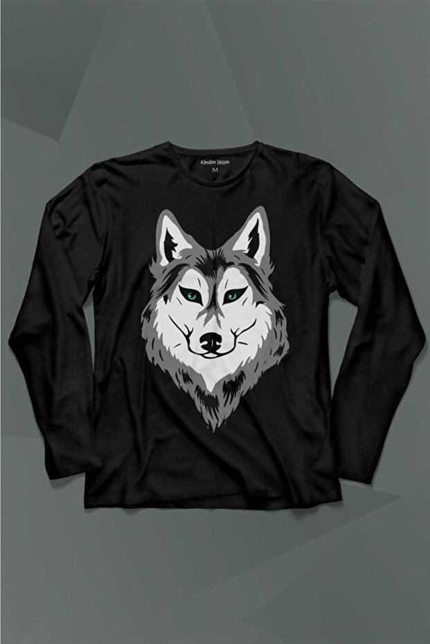 Wolf Head Wolf Head Gray Wolf Green Eyes Long Sleeve T-Shirt Printed T-shirt