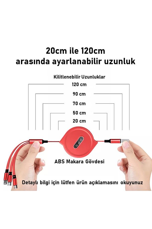 S28-red 20-120cm Uzayabilen Type-microb, Type-c, Lightning 3a Çoklu Şarj Kablosu - 5