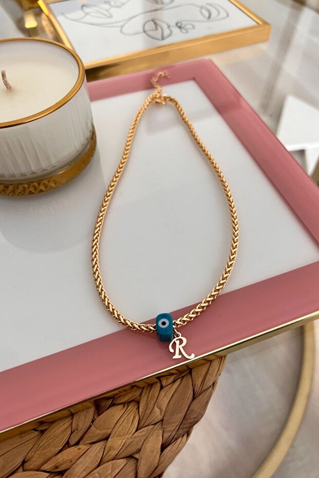 Knitted Chain Necklace with Letter R and Evil Eye Hanging