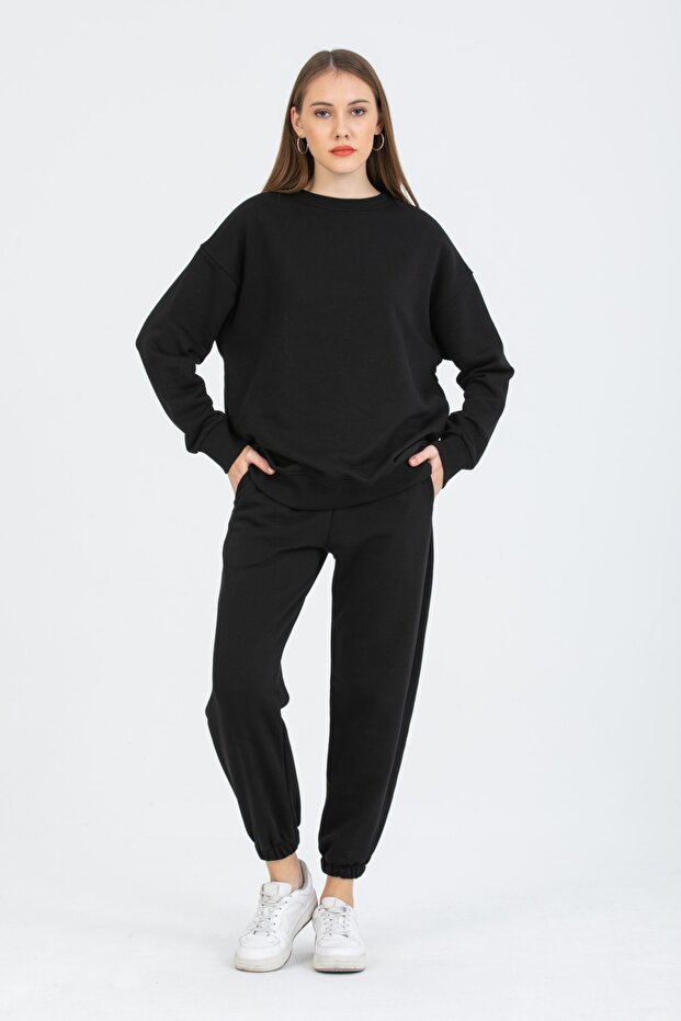 Women's Black 3 Thread Tracksuit Set - 2