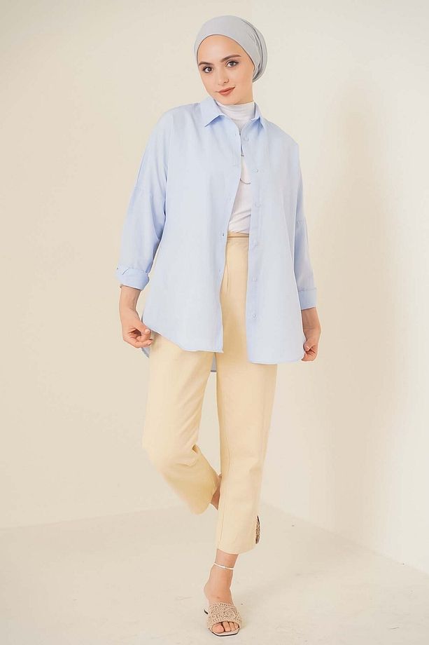 103901 Oversize Basic Tesettür Gömlek - Açık Mavi - 2