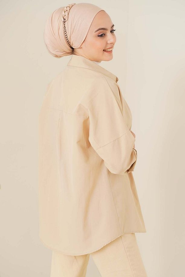 103901 Oversize Basic Tesettür Gömlek - Krem - 3