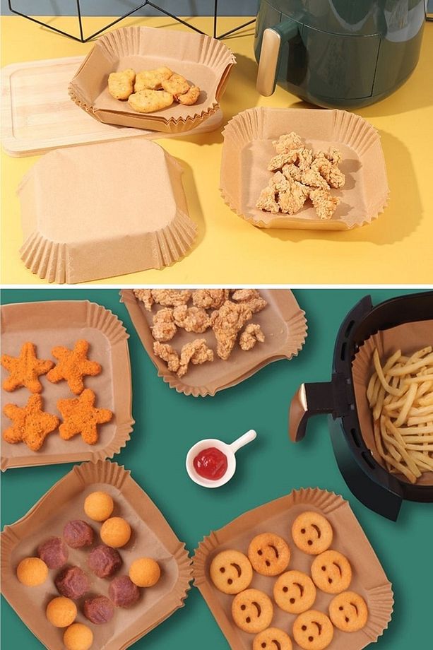 50 Adet Kutulu Air Fryer Pişirme Kağıdı Tek Kullanımlık Hava Fritöz Yağ Geçirmez Kare Tabak Model - 5