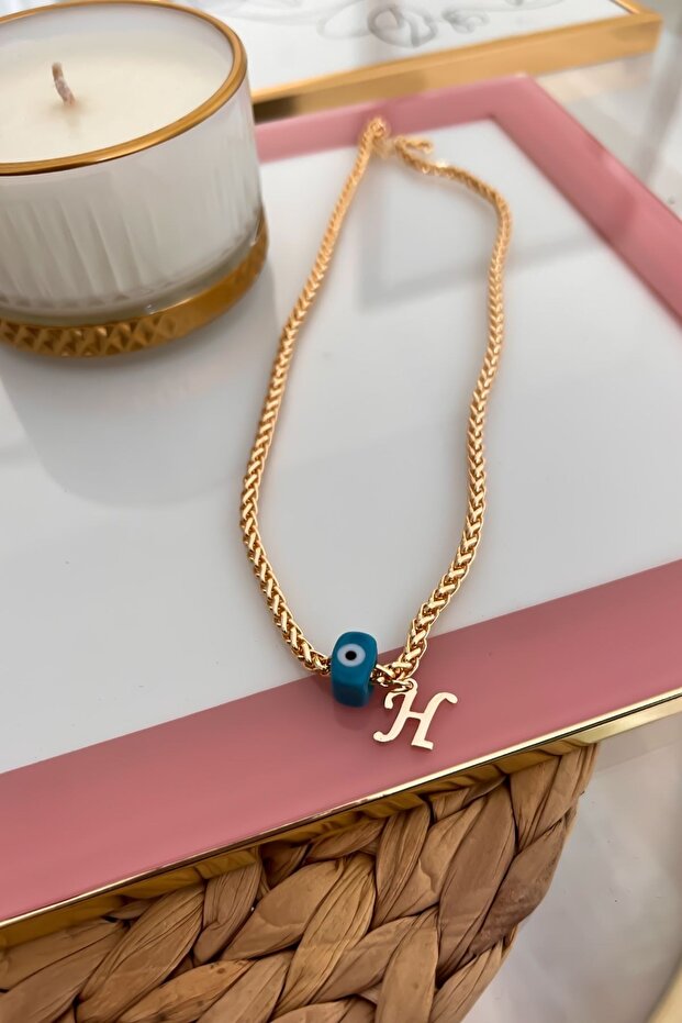 Knitted Chain Necklace with Letter H and Evil Eye Hanging