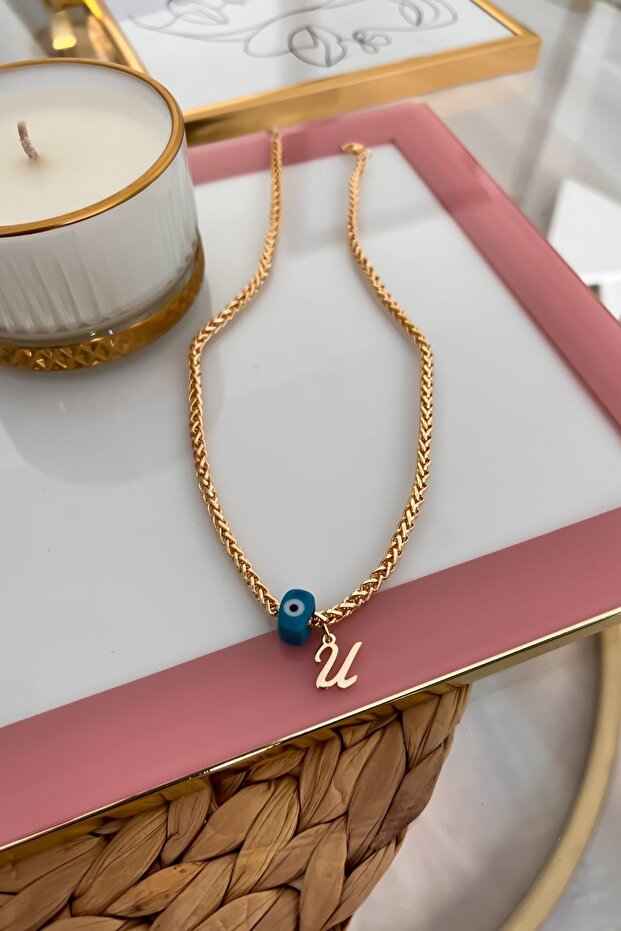 Knitted Chain Necklace with Letter U and Evil Eye Hanging