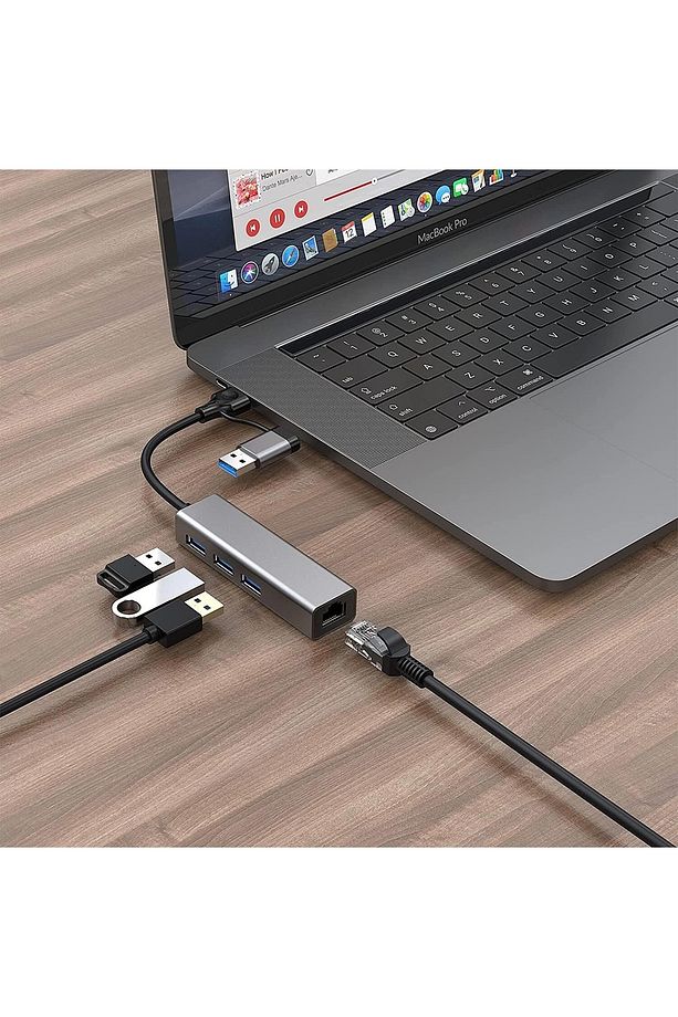 Gn-07 Multi Girişli Usb Ve Type-c Hub Adaptör To 3x Usb 3.0 + Rj45 Ethernet - 6