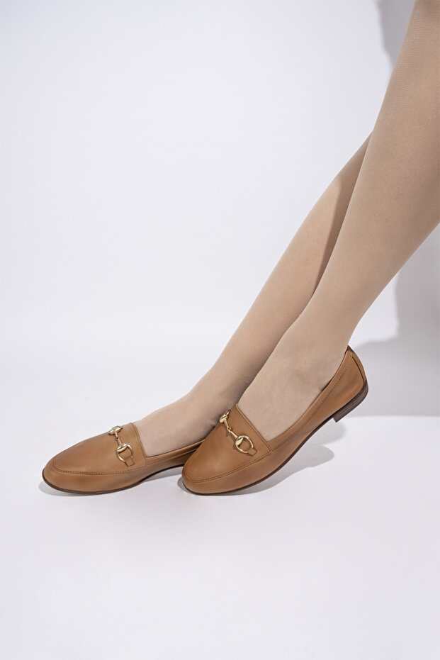 Genuine Leather Buckle Soft Ballerina Tan Women's Shoes - Bader