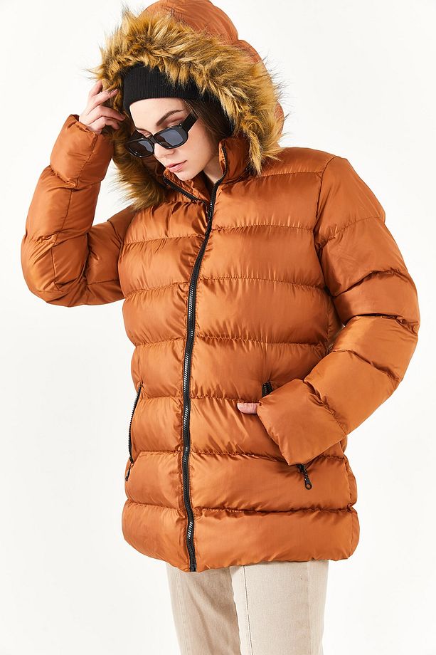 Kadın Taba Çıkarılabilir Kürk Kapüşonlu Şişme Mont - 3