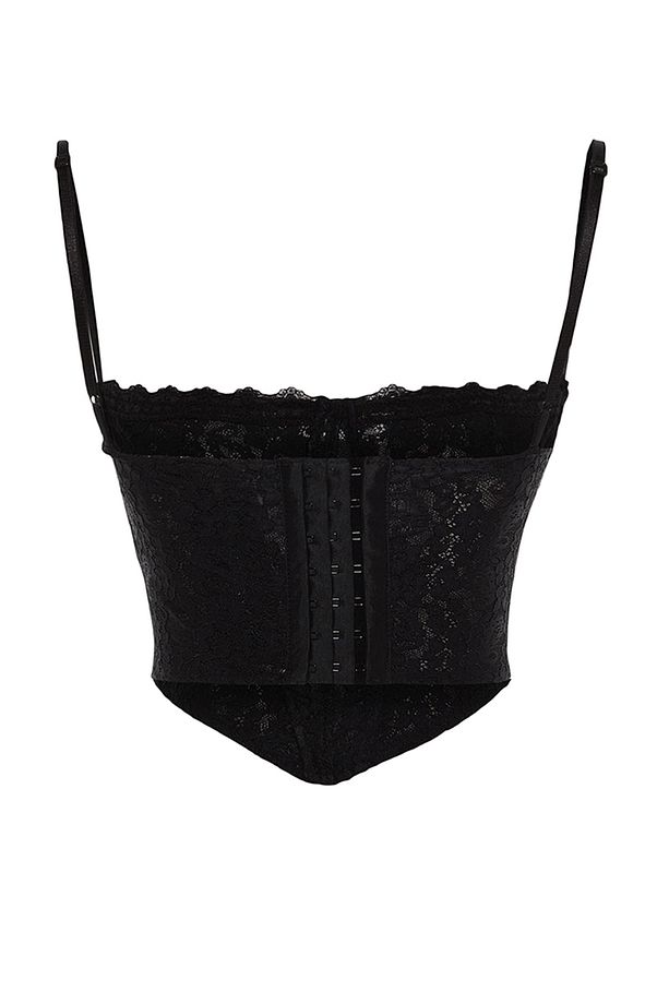 Siyah Crop Astarlı Korse Detaylı Agraflı Örme Dantel Büstiyer TPRAW23BS00062 - 6