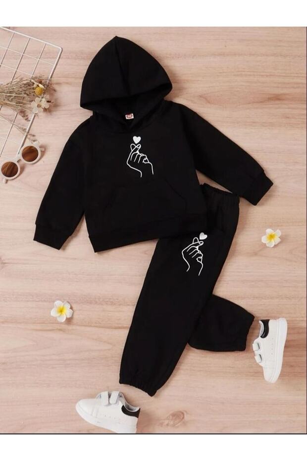 Black Girl Hand Heart Printed Hooded Tracksuit Set