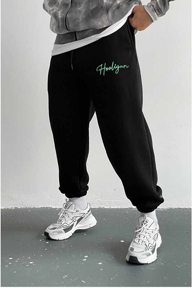 Men's Hooligan Printed Black Ribbed Sweatpants