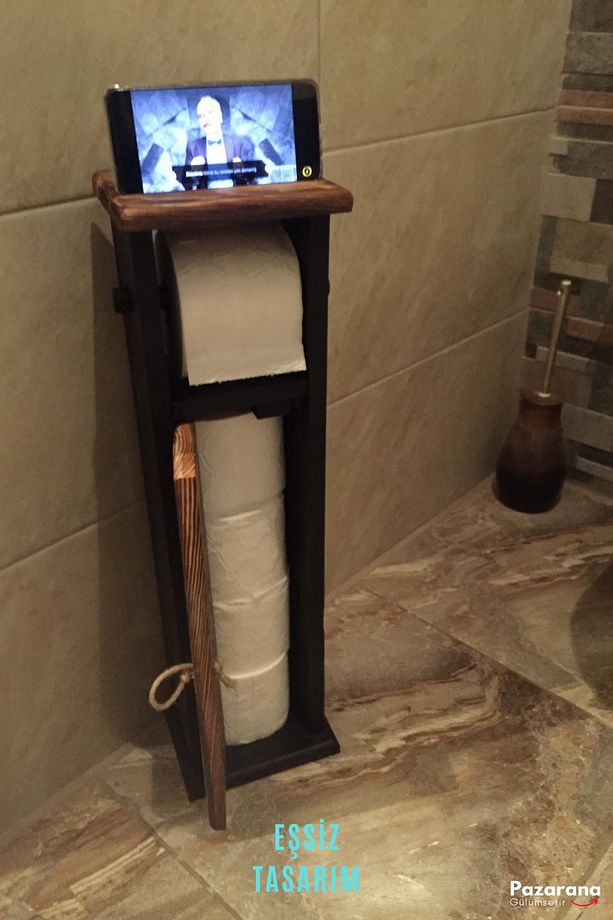 Ahşap Wc Kağıtlık Tuvalet Telefon Tutucu Standı Özellikli Banyo Kağıtlık - 6