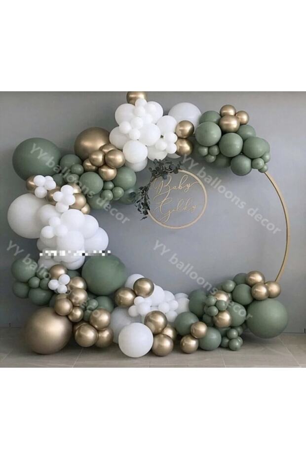 Mini Mildew Green Pastel White Balloon and Gold Chrome Balloon Chain Set 50 Balloon and Chain