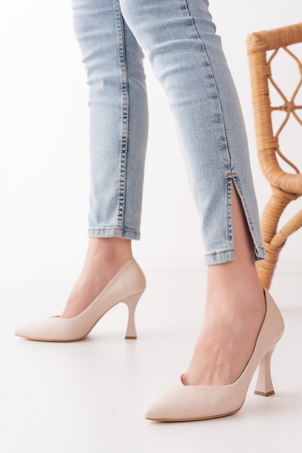 Stiletto V Model Beige Leather New Season Daily Stylish Handmade Domestic Production