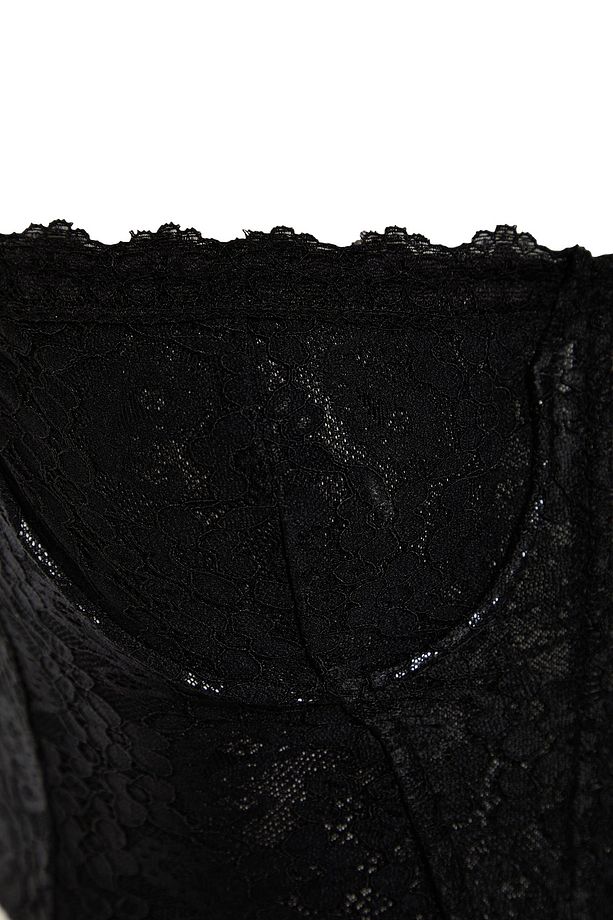 Siyah Crop Astarlı Korse Detaylı Agraflı Örme Dantel Büstiyer TPRAW23BS00062 - 7