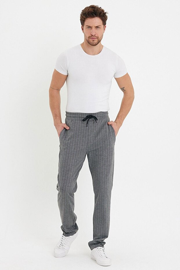 Men's Striped Elastic Waist Chino Loose Gray Trousers