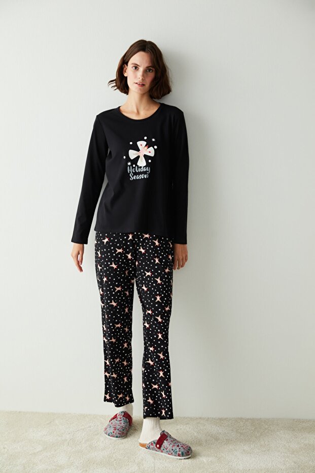 Black Holiday Season Slogan Printed Pajama Set