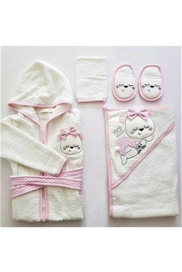14912 Baby Girl Pink Sleeping Teddy Bear Bathrobe Set