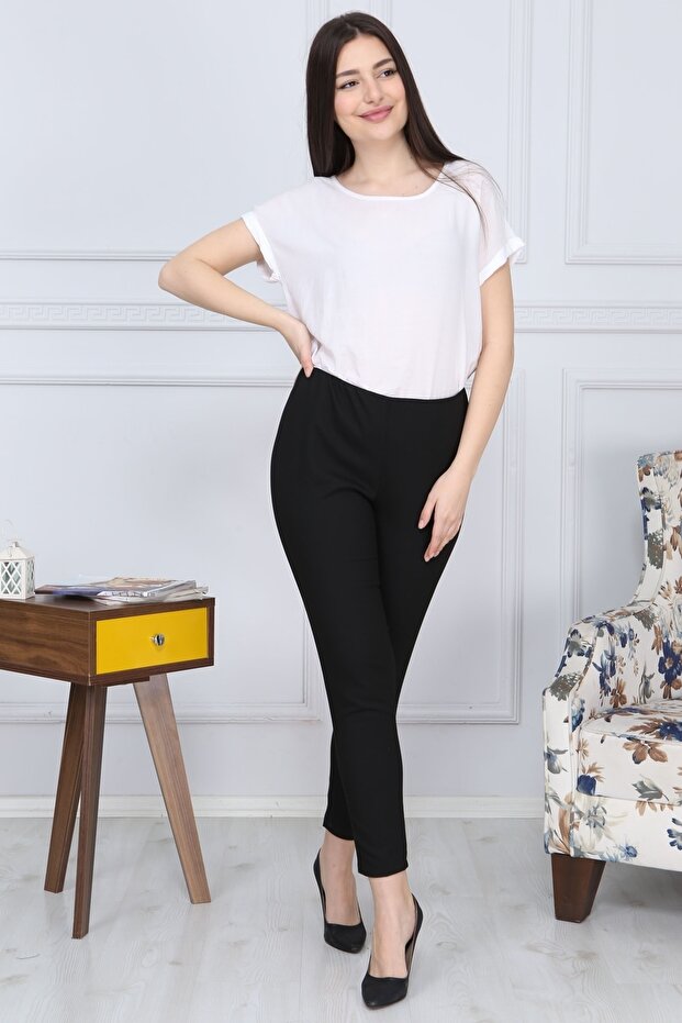 Women's Black Skinny Leg Fabric Trousers with Elastic Waist G004