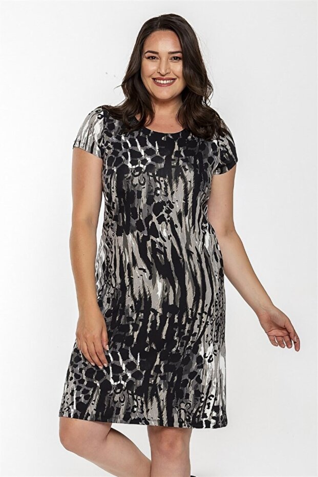 Rochie simplă cu model mixt - neagră - 1