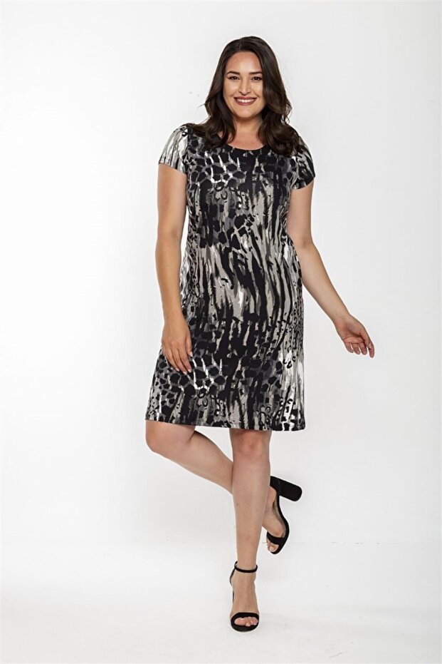 Rochie simplă cu model mixt - neagră - 2