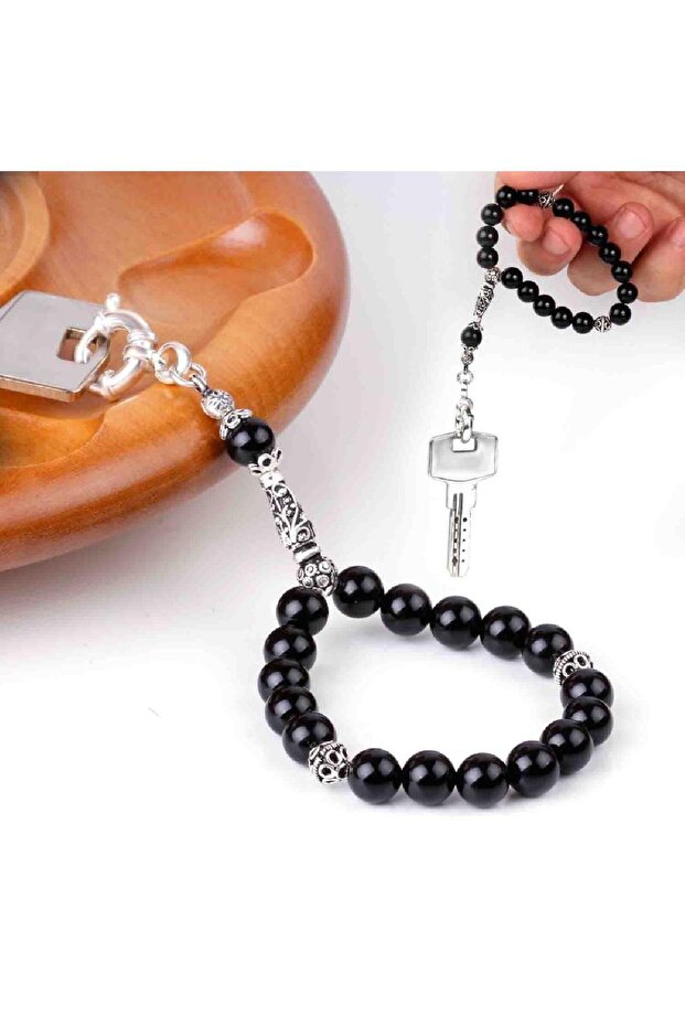 Onyx Stone Silver Rosary Keychain