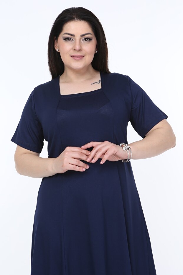 Women's Navy Blue Short Sleeve Square Collar Dress
