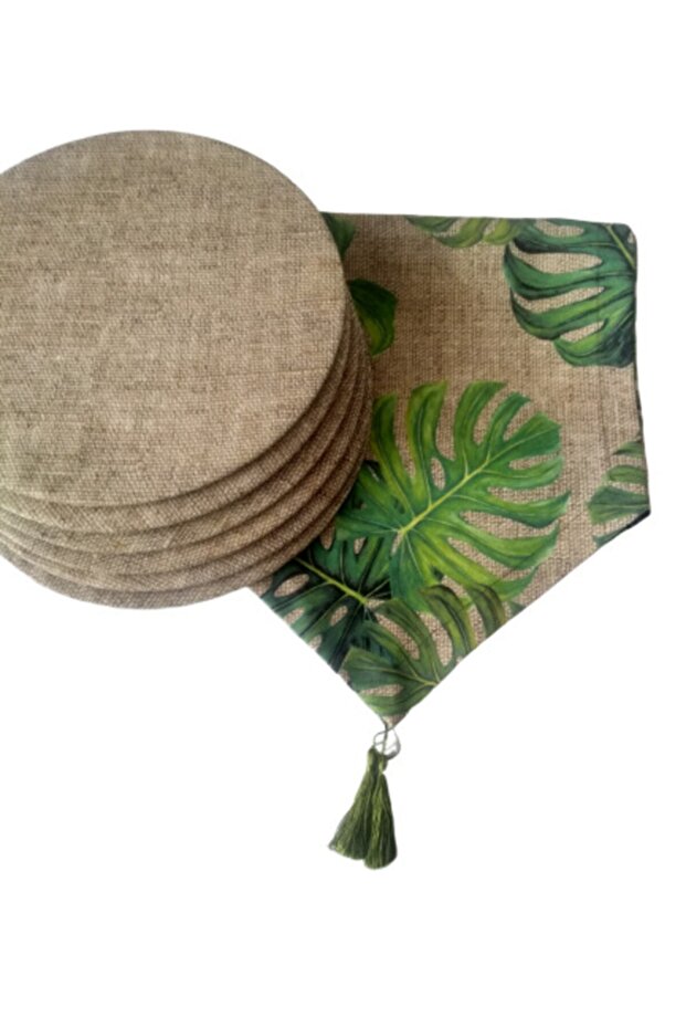 American placemat green camel sole patterned runner (6 wicker patterned charger plates)