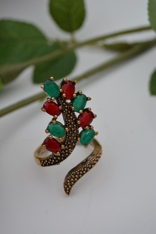 خاتم نسائي من حجر الياقوت والزمرد قابل للتعديل - 1