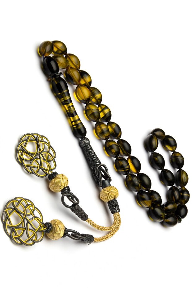 Men's Silver Kazaz Tasseled Yellow and Black Filtered Fire Amber Prayer Beads