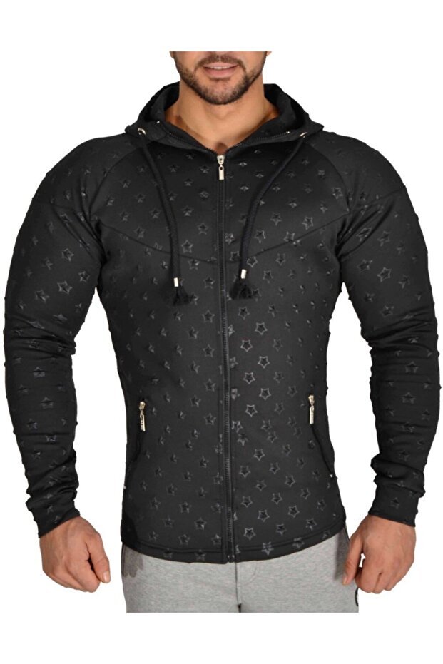 Men's Black Fitness Performance Hooded Zippered Sweatshirt 3618